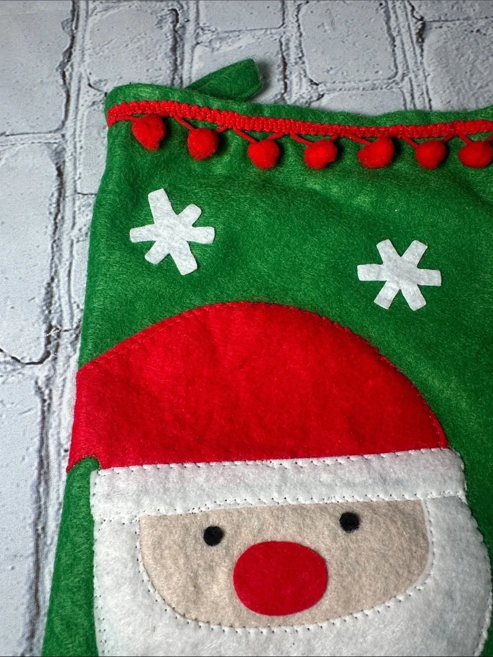 Festive Santa Felt Christmas Stocking with Pom Pom Trim
